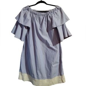 Song of Style Off Shoulder Ruffled Sleeve Blue Striped Cotton Dress Size Large